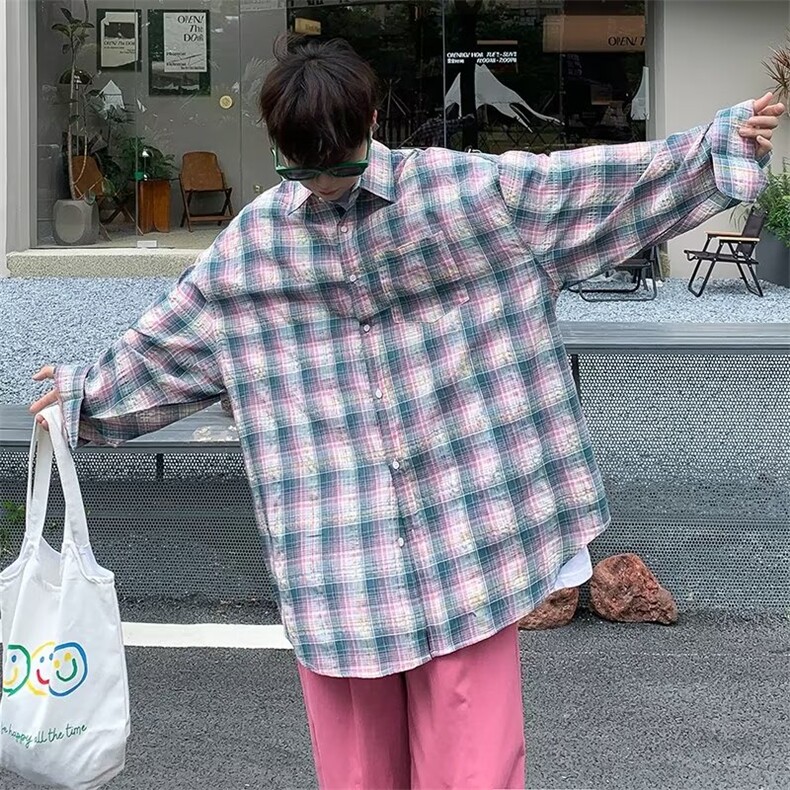 长袖衬衫男秋季高街潮牌宽松百搭衬衣秋季港风ins休闲格子上衣服,男装衬衫,星座716-4