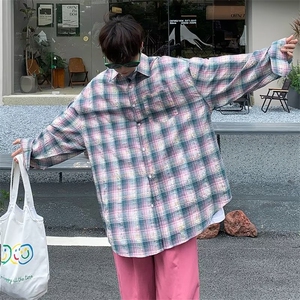 长袖衬衫男秋季高街潮牌宽松百搭衬衣秋季港风ins休闲格子上衣服图片