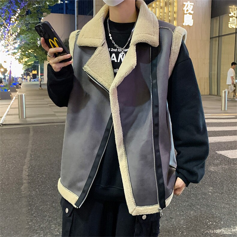 f翻领日系坎肩皮衣马甲加绒加厚男女冬季宽松休闲外套D011-P88,男装皮衣,星座717