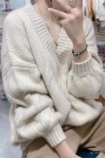 V领麻花长袖羊毛针织衫女韩版宽松时尚百搭上衣内搭毛衣，女装羊毛衫，恩泰羊绒