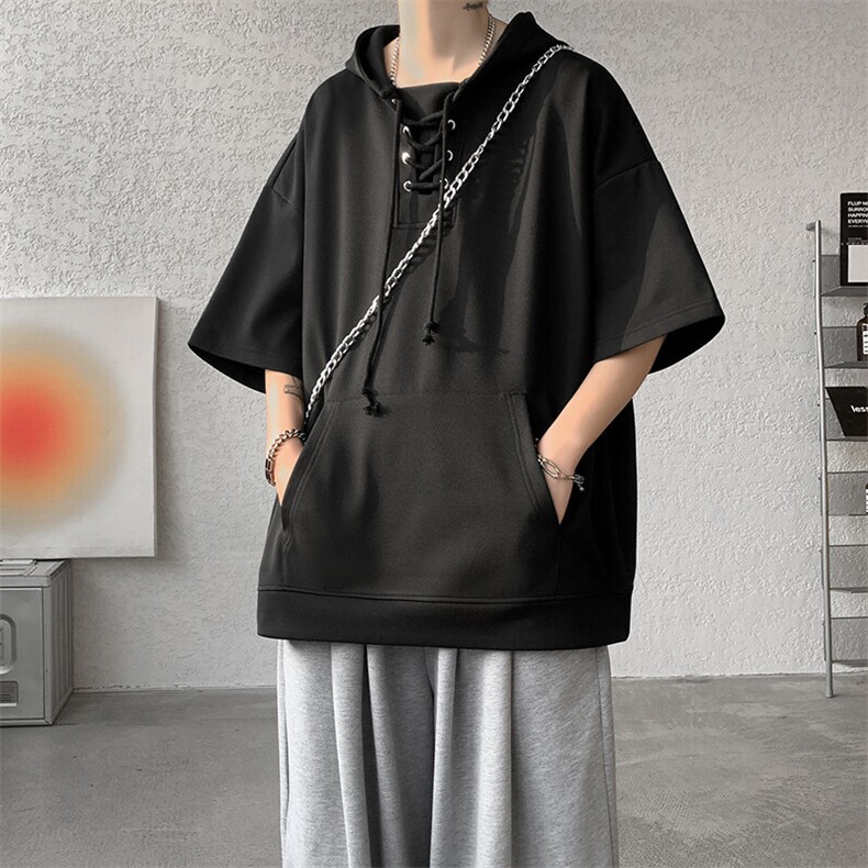 现货 T10113-特批35 控68 夏季新款设计感连帽短袖百搭大码T恤图片