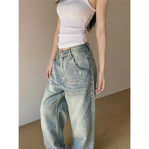街头水洗做旧蓝破洞牛仔裤男女cleanfit休闲直筒裤潮新款NZE21图片
