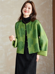 在仓~2025年冬季油丝提花带里布guo风圆领长袖外套单排扣插肩袖图片