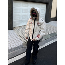 藏青色美式羽绒派克棉服男冬季潮牌高街刺绣毛领外套高级感面包服，男装棉衣，星座813-2