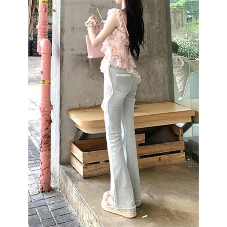 蜜桃芭比蕾丝拼接少女感微喇弹力牛仔裤女夏季高腰显瘦长裤子ins,男装牛仔裤,星座1210-1