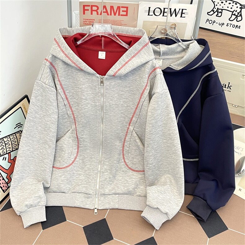 港风秋款男女连帽卫衣拉链开衫明线外套WY4P62，女装短外套，星座1013-1