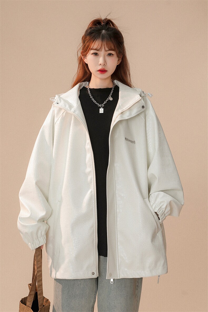中性连帽鳄鱼纹PU皮衣大码情侣休闲冲锋衣夹克男JK8744P90控128,女装短外套,星座226-1