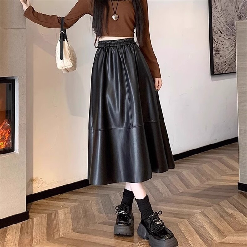 黑色皮裙半身长款女小个子秋季2025新款高腰伞裙a字裙pu皮半身裙图片