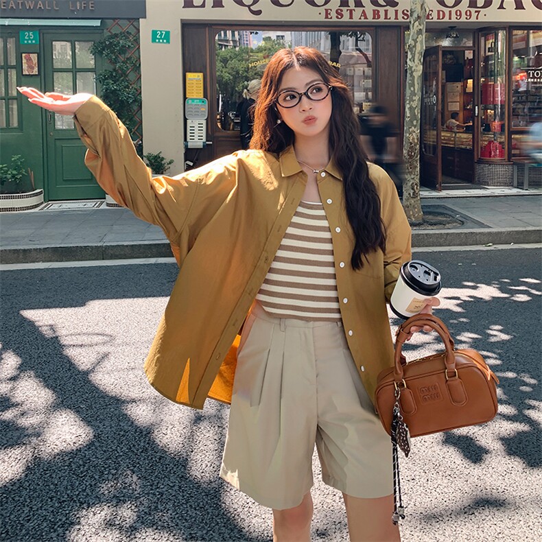 秋季长袖衬衫上衣女设计感小众新款宽松翻领黄色ins韩系纯色衬衣,女装衬衫,梦懿尔