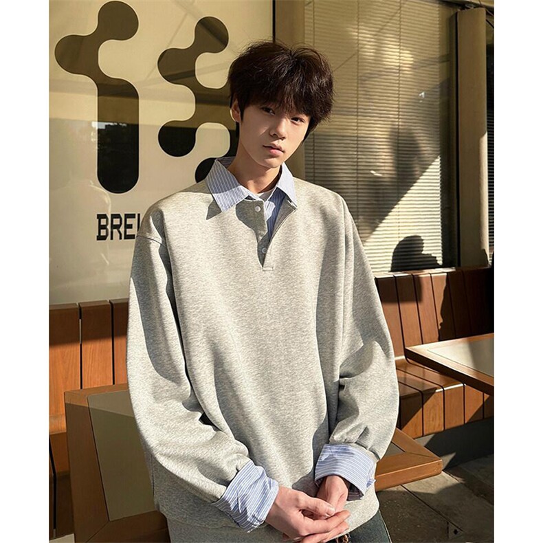 抖音得物高品质26春装美式高街假两件衬衫领长袖卫衣POLO领打底衫图片