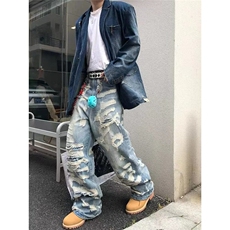 2025美式复古做旧拼接破洞牛仔裤男女高街宽松cleanfit休闲直筒裤，男装牛仔裤，星座506A