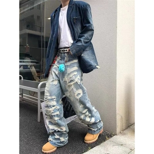 2025美式复古做旧拼接破洞牛仔裤男女高街宽松cleanfit休闲直筒裤图片