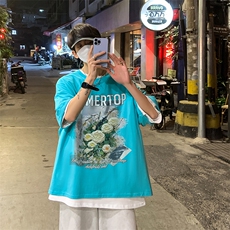 港风油画花朵创意印花夏季重磅落肩袖短袖t恤B239-1271-P28，男装T恤，星座514-2(原B239)