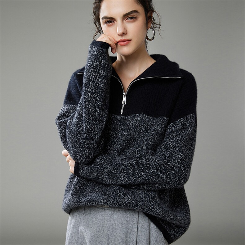 慵懒花纱撞色羊绒衫女半拉链高领加厚宽松毛衣2025秋冬针织羊毛衫，女装羊绒衫，萨奥羊绒