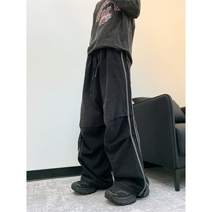 美式潮牌三条杠条纹牛仔裤复古宽松直筒褶皱阔腿裤子图片