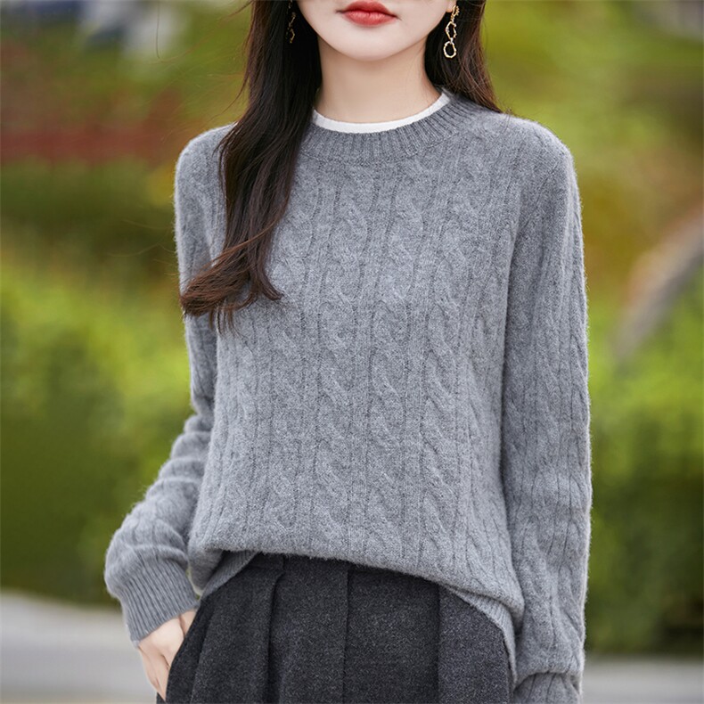 25秋冬100%纯羊毛衫女圆领拼色扭花假两件针织毛衣宽松加厚羊绒衫,女装羊毛衫,暖烁羊绒