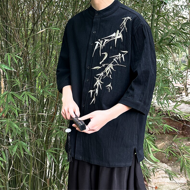 中式24新款风男生大码情侣竹叶立领盘扣绣花衬衫T29-P65控78,男装衬衫,电商A021