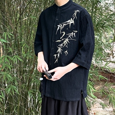 中式24新款风男生大码情侣竹叶立领盘扣绣花衬衫T29-P65控78，男装衬衫，电商A021