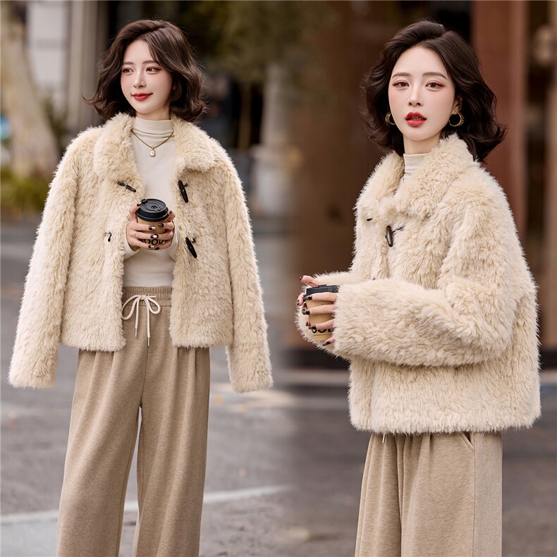 加厚保暖皮毛一体翻领短款外套女2025秋冬季宽松百搭洋气毛毛外套，女装羊羔毛/颗粒绒，流量+