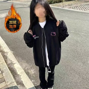 复古宽松学生ins上衣外套美式高街kitty棒球印花拉链夹克黑色外套