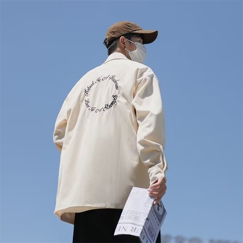 2024秋日系复古灯芯绒长袖衬衫秋新款字母绣花宽松外套男H05/P40,男装衬衫,星座506