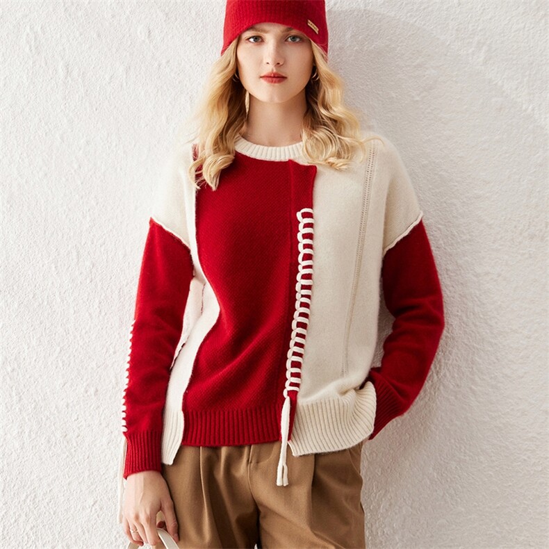 拼色宽松休闲圆领长袖新款秋冬羊绒衫，女装羊绒衫，澳冬特羊绒