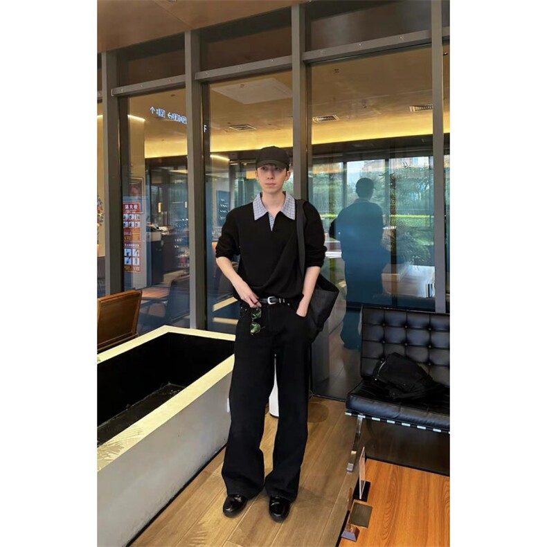 现货自制蓝色格子拼接翻领T恤长袖上衣情侣款男女CX02-TP35,男装T恤,星座910A