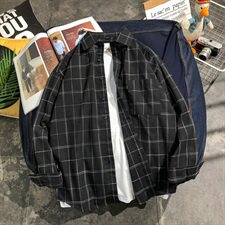 男士秋季新款衬衫韩版潮流宽松格子衬衣外套长袖DF04T，男装衬衫，电商A102