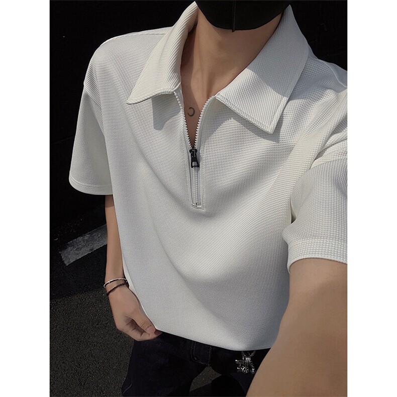特批P25无差价夏季华夫格翻领半拉链短袖T恤男大码潮流上衣T5115,男装T恤,电商A001-1
