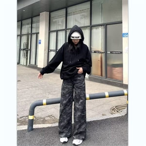 水洗做旧迷彩高街阔腿牛仔裤直筒宽松拖地工装裤K8305-P40网络图图片