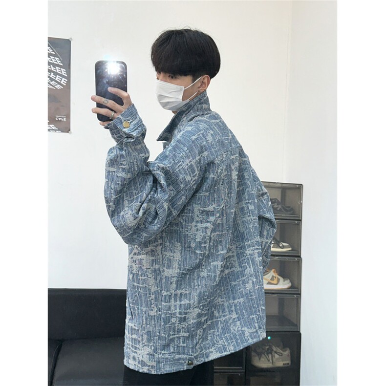 水洗做旧破话线条欧美嘻哈男女潮流外套休闲百搭夹克牛仔提花，男装夹克，星座907