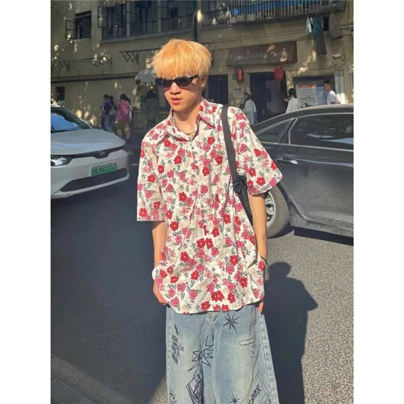 夏季沙滩旅游度假风花衬衫短袖男生碎花撞色痞帅衬衫CA73-P40,男装T恤,星座208-5