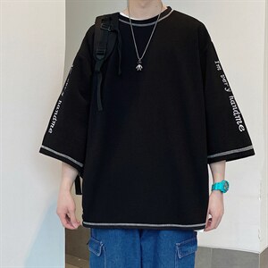 日系港风ins七分袖T恤男加肥加大码胖子衣服250斤大码男装刺绣图片