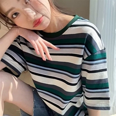 日系潮牌男女款条纹衫情侣复古色织猴子条纹圆领宽松长袖打底衫夏，男装T恤，星座506A
