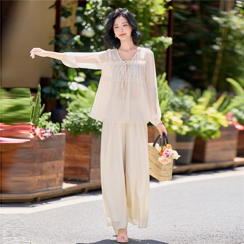 超仙时尚雪纺套装女2026春夏新款半透减龄长袖防晒阔腿裙裤两件套,女装套装/套裙,水衣源