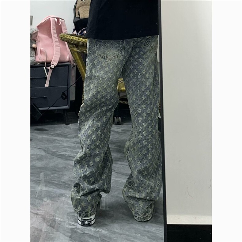 现货复古牛仔裤提花满印设计感小众阔腿裤显瘦直筒裤LNTT63-P43，男装牛仔裤，星座1008