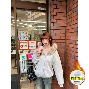 480G重磅加绒硬挺boxy秋冬美式高街超大毛领座山雕连帽卫衣厚外套图片