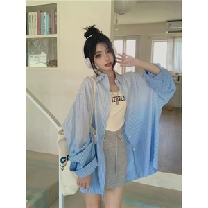 新款大码女装宽松渐变色条纹设计感休闲POLO领衬衫图片