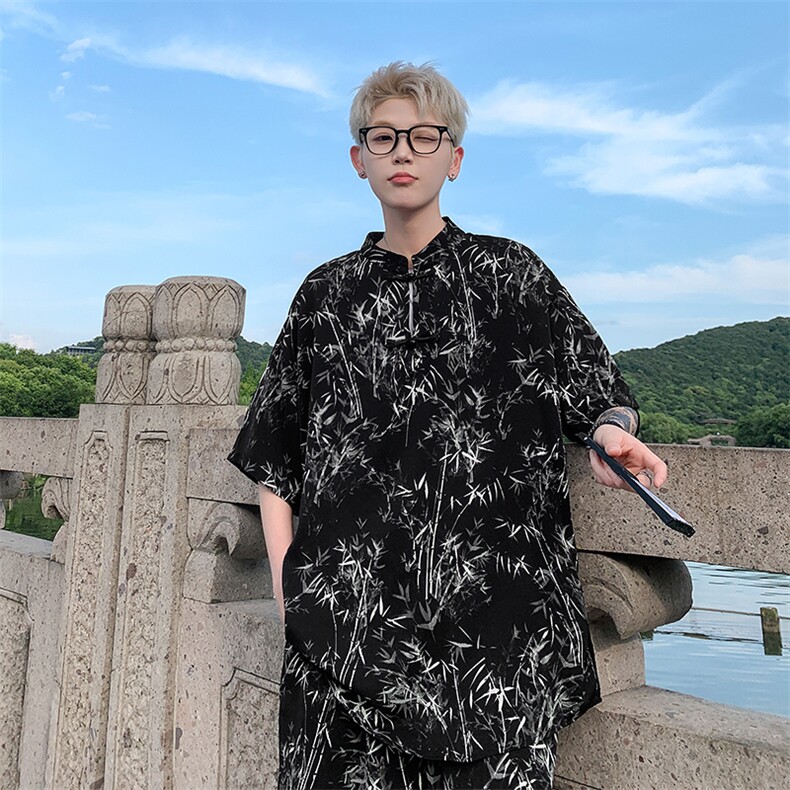 量大优供视频新风竹叶印花冰丝短袖短裤套装男TZ2403-特P50，男装休闲套装，电商A028