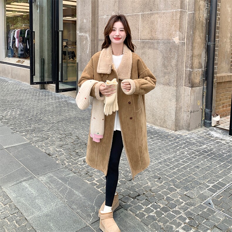 高级感加绒驼色皮毛一体大衣外套女2025冬季新款仿皮草麂皮绒棉服,女装棉衣/棉服,自然秀