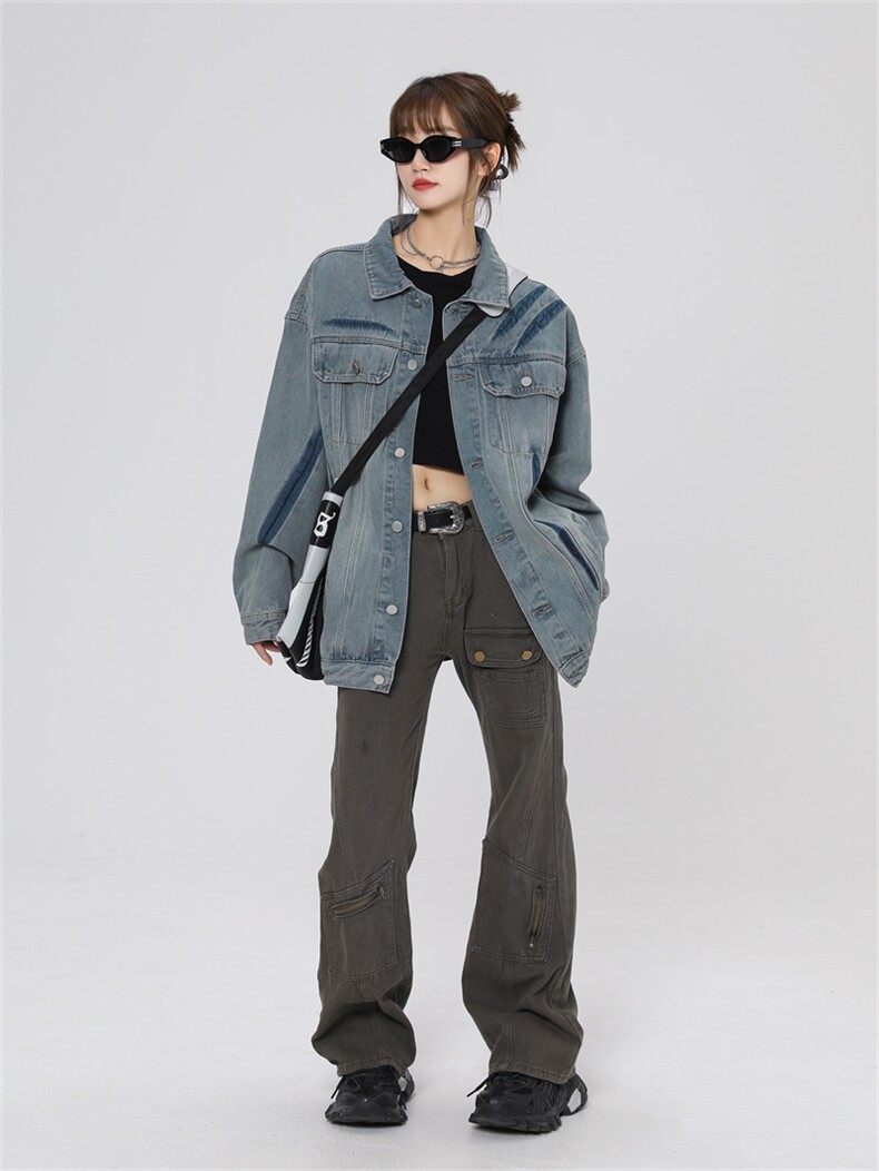 潮牌美式复古撞色图鸦情侣棒球服牛仔外套221-1-JK2310-P90控128,男装工装外套,星座221-1