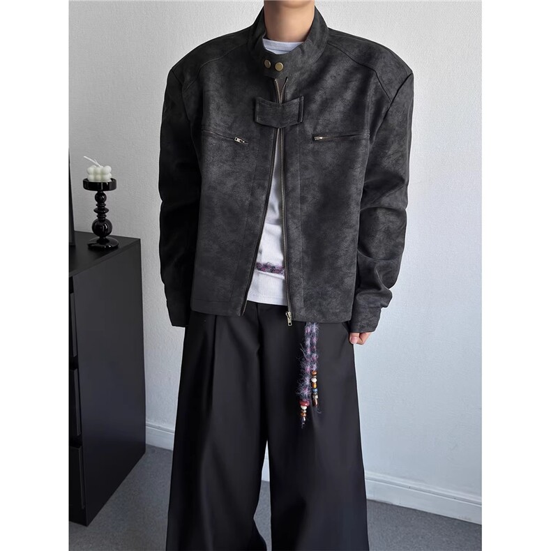 1506/Q25830/P65灰色皮衣外套男春秋美式复古机车骑行服飞行外套,男装皮衣,星座1506