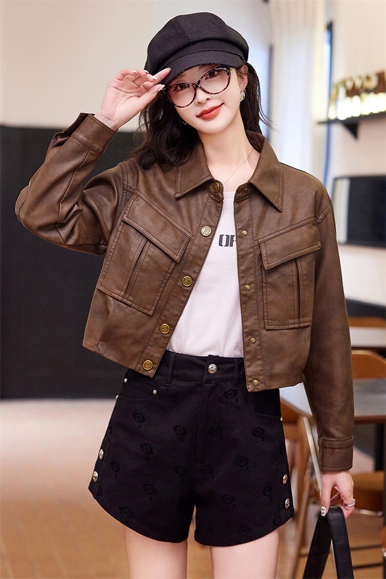 春装现货】美拉德网红风格皮衣小个子减龄外套2024年春季,女装皮衣,韩蜜菓