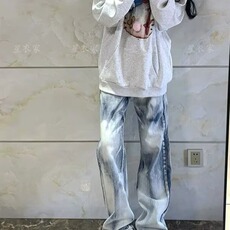 美式扎染牛仔裤设计感高街直筒宽松显瘦阔腿坠感长裤子，男装牛仔裤，星座506A
