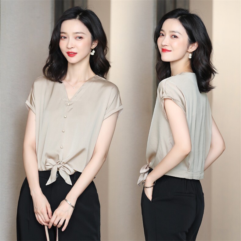 重磅真丝短袖衬衫女夏季2025新款气质V领设计感桑蚕丝短款上衣潮,女装衬衫,阿舍尔精品