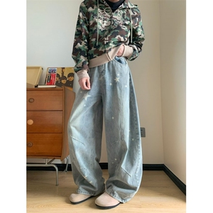 美式高街阔腿牛仔裤春秋款复古高腰宽松垂感直筒裤子RK3272-P55图片