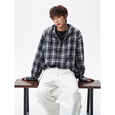 美式复古连帽格子衬衫大码慵懒风高级感长袖衬衣薄外套LC308特P38，男装衬衫，电商B215