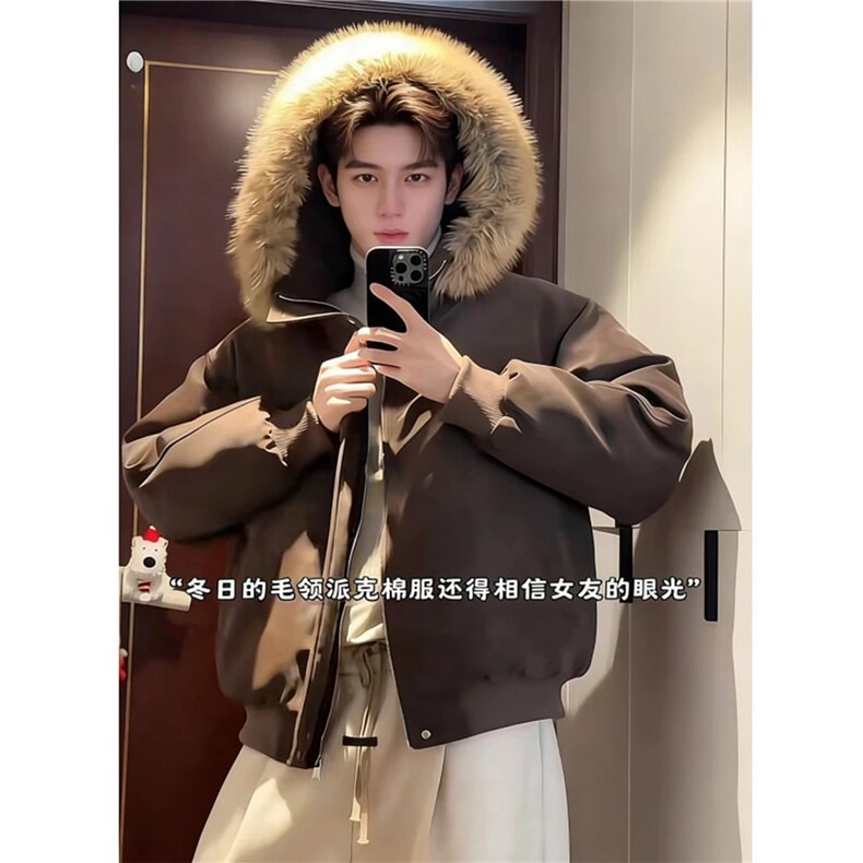 网图加厚加宽毛领可拆卸连帽雾面pu皮棉衣情侣外套H1173特P110，男装皮衣，电商A341