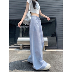 蓝色韩版木耳边格子休闲裤男女2026夏季新款直筒显瘦宽松阔腿裤，男装休闲裤，星座410-6（原星座1304-1）