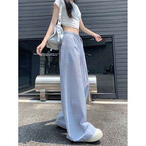 蓝色韩版木耳边格子休闲裤男女2026夏季新款直筒显瘦宽松阔腿裤图片